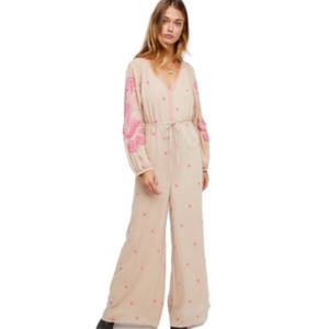 Free People Fable Embroidered Jumpsuit Sz S Cream Pink Wide Leg Long Sleeve Boho